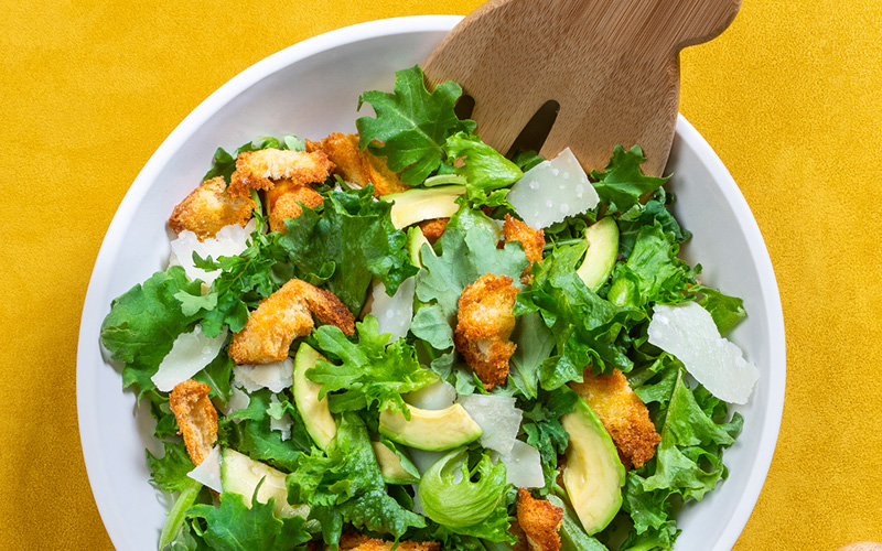 Kale Crunch Avocado Caesar with Torn Garlic Croutons 