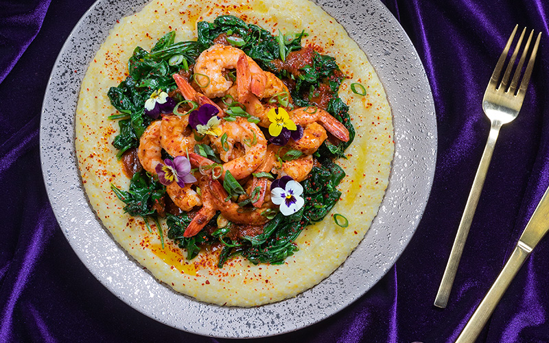 Shrimp and Grits with Baby Arugula