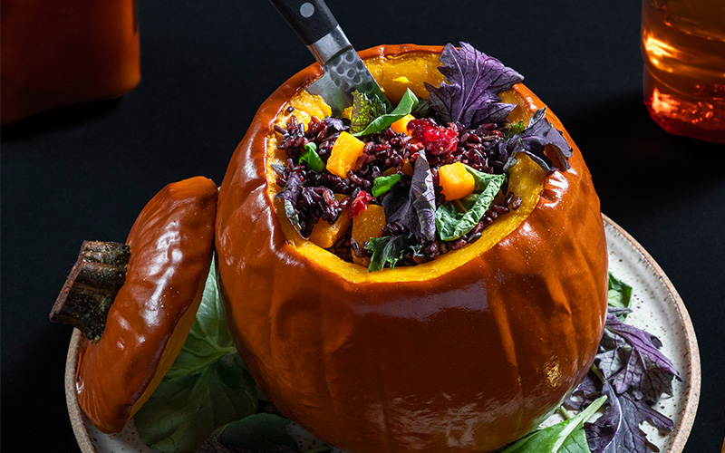 Grain Stuffed Pumpkin with Mizuna Mix