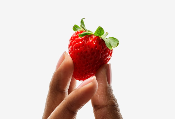 Fingers holding Plenty indoors grown strawberry